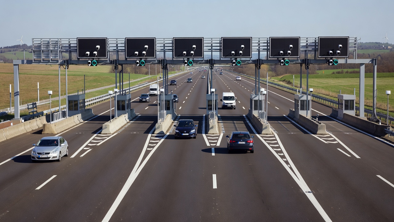 A multi-lane toll plaza on a European highway illustrating distance-based charging infrastructure