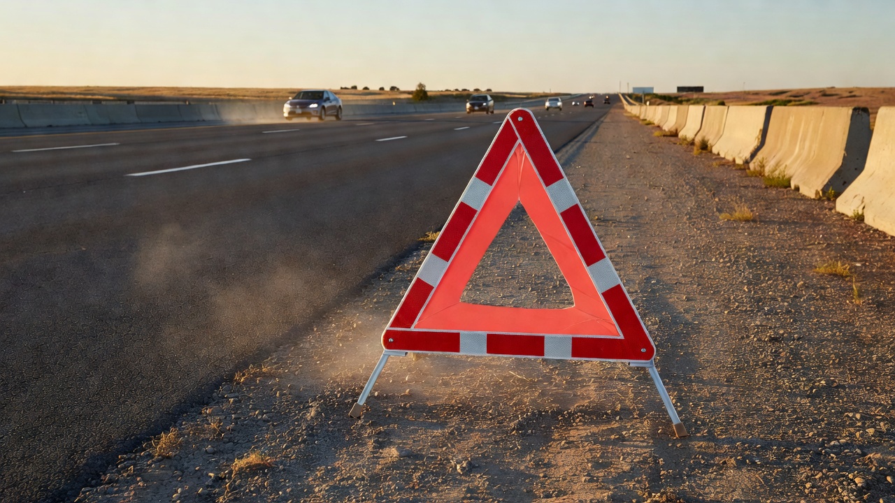 A standard warning triangle deployed on a highway shoulder indicating mandatory safety equipment